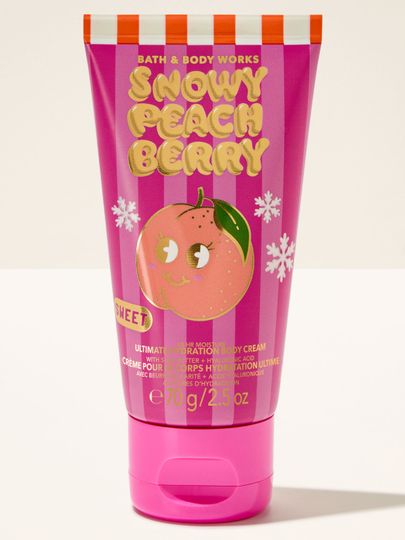 Cremă de corp Snowy Peach Berry Bath & Body Works cu motiv de piersică și fulgi de zăpadă