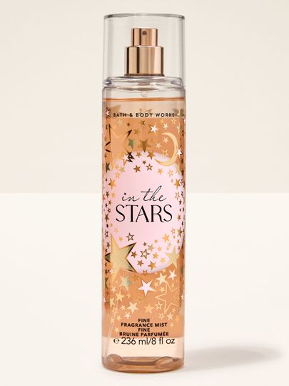 Tělová mlha "In the Stars" v lahvi se zlatými, třpytivými hvězdami a měsícem. Bath & Body Works.