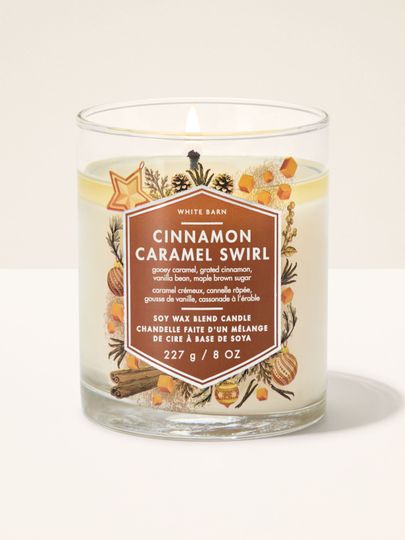 Lumânare parfumată Cinnamon Caramel Swirl White Barn cu un fitil în recipient din sticlă