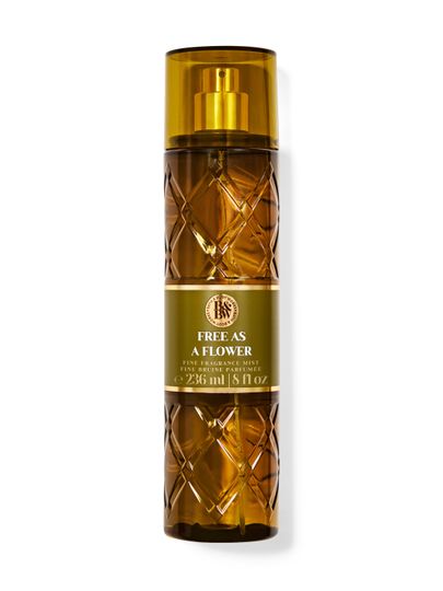 Sticlă maro de spray parfumat Bath & Body Works Free as a Flower (236 ml) cu textură geometrică.