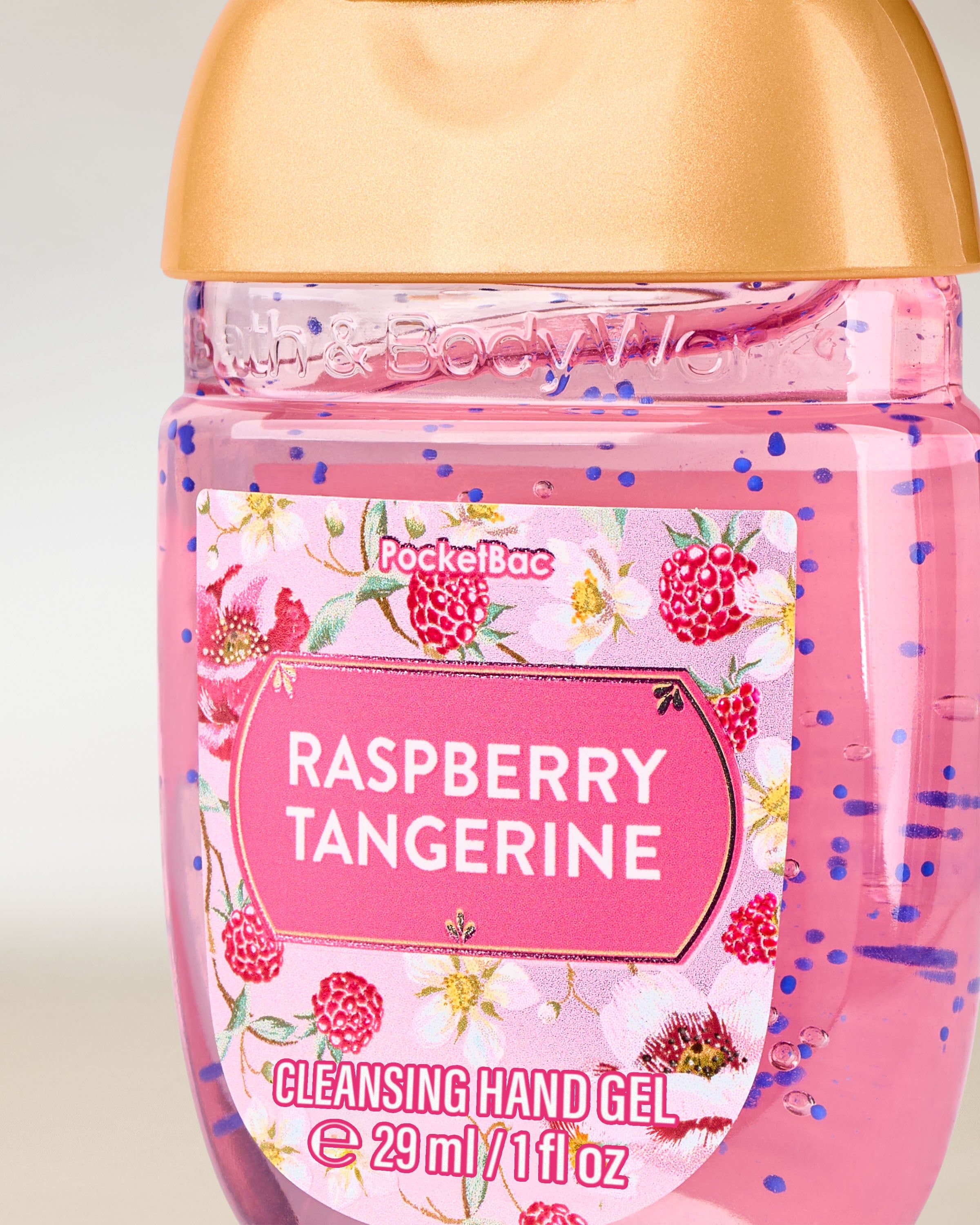 Gelul pentru curățarea mâinilor Raspberry Tangerine, într-un format compact, ideal pentru utilizare rapidă pe parcursul zilei.