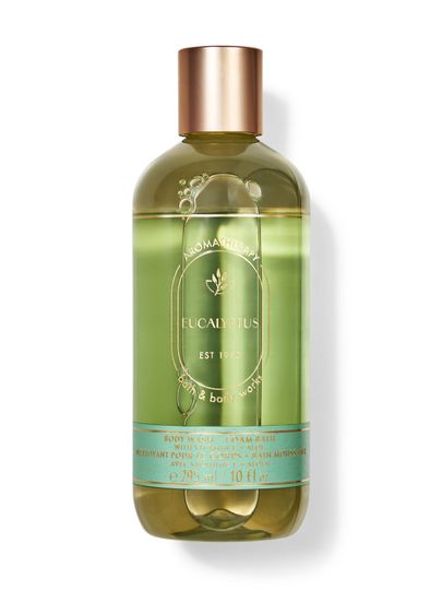 Gel de duș și spumant de baie Bath & Body Works Aromatherapy "Eucalyptus" în sticlă verzuie.