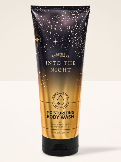 Gel de duș hidratant Bath & Body Works Into the Night în tub negru‑auriu, 295 ml.