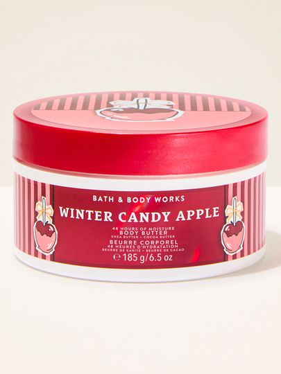 Unt de corp Winter Candy Apple Bath & Body Works cu motiv de mere glazurate și dungi roz