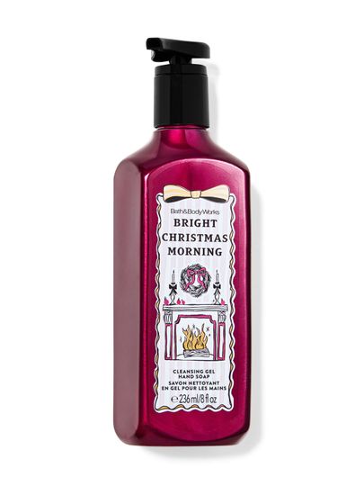 Săpun lichid pentru mâini Bright Christmas Morning Bath & Body Works cu motiv de șemineu, coroniță și fundă roz