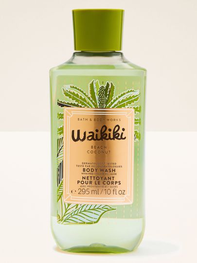 Gel de duș Waikiki Beach Coconut în sticlă verde, cu etichetă tropicală și capac verde.