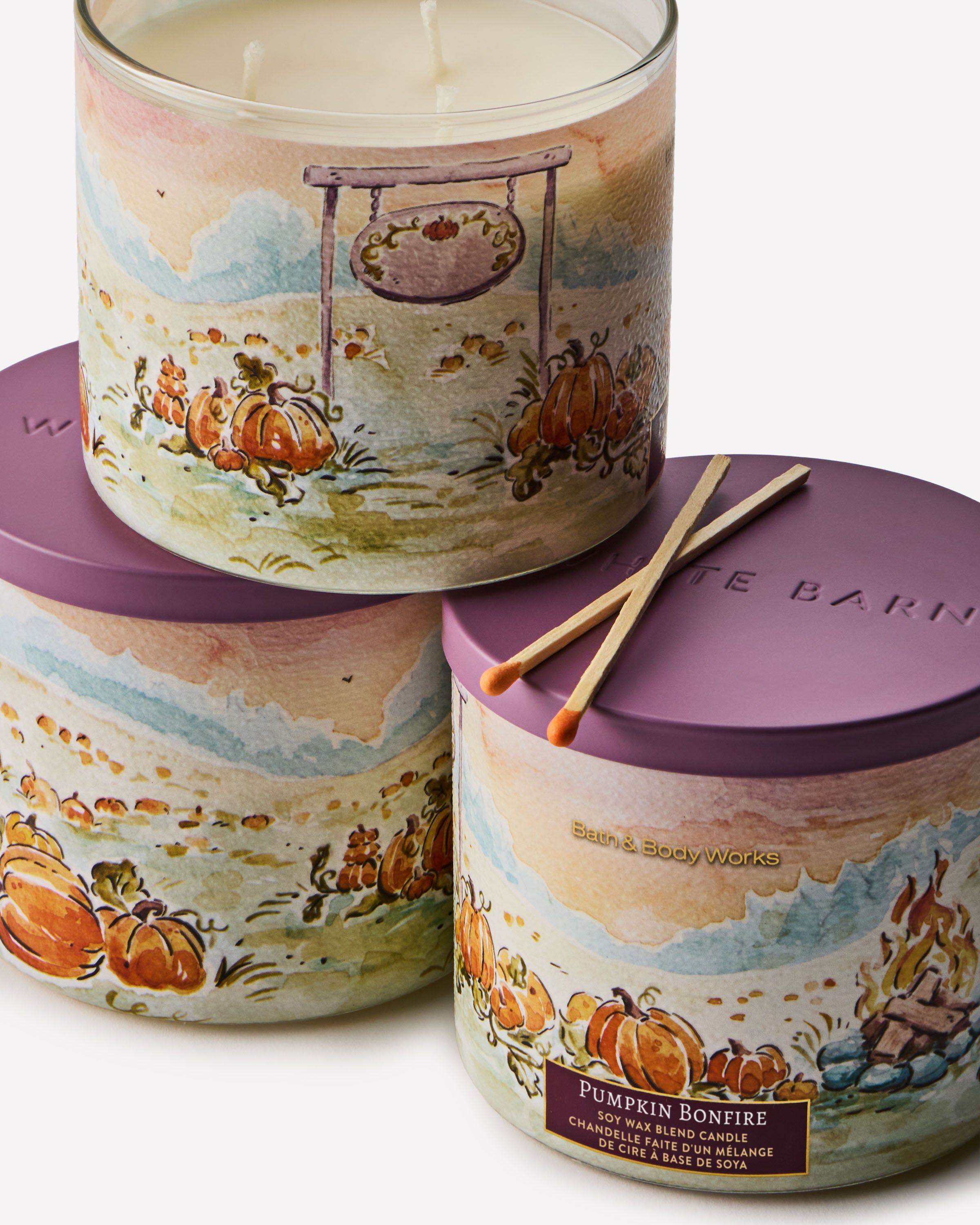 Lumânare parfumată Bath & Body Works Pumpkin Bonfire din amestec de ceară de soia, 3 fitiluri