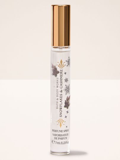 Parfum Snowflakes & Cashmere Bath & Body Works în flacon de călătorie cu motiv de fulgi de zăpadă și flori