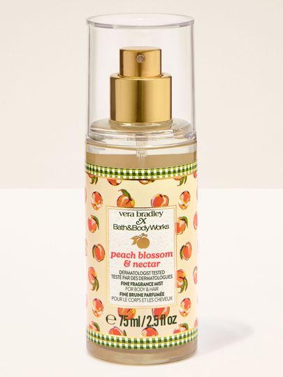 Bath & Body Works Peach Blossom & Nectar – mini ceață parfumată pentru corp și păr într-un flacon transparent.