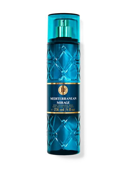 Sticlă turcoaz de spray parfumat Bath & Body Works Mediterranean Mirage (236 ml) cu model geometric.