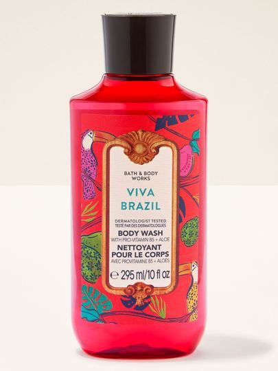 Gel de duș Viva Brazil în sticlă roșie, cu capac negru și etichetă tropicală colorată.