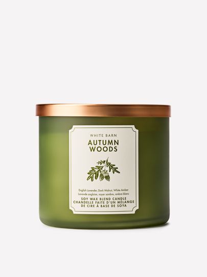 Lumânare parfumată White Barn Autumn Woods din amestec de ceară de soia, 3 fitiluri