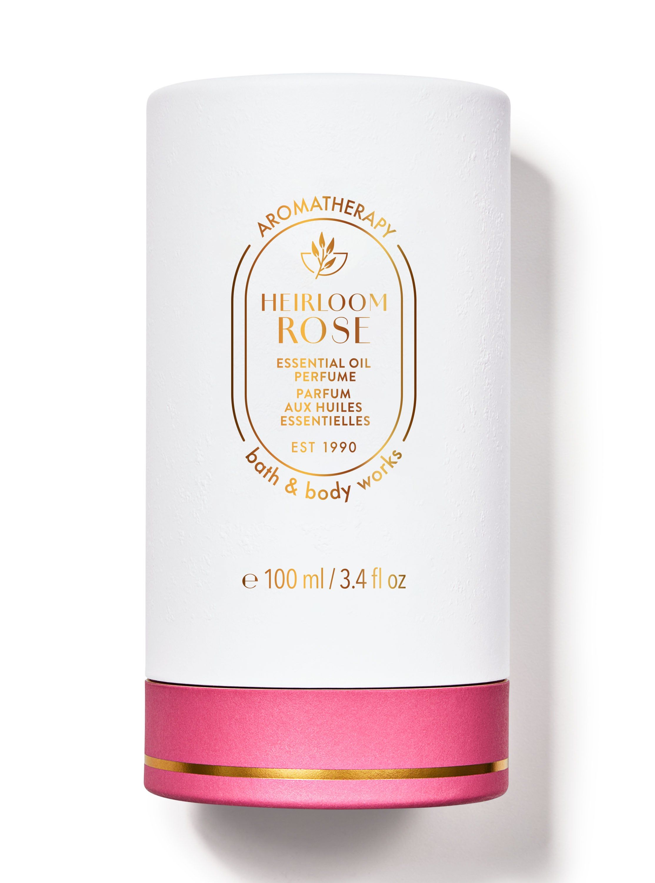 Ambalaj de parfum Bath & Body Works Aromatherapy "Heirloom Rose" în culorile alb, roz și auriu.