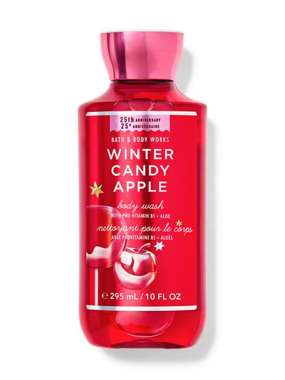 Sprchový gel „Winter Candy Apple”, s červenou etiketou s potiskem dvou červených jablek, Bath & Body Works.
