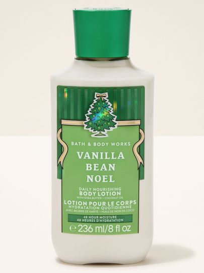Loțiune de corp Vanilla Bean Noel Bath & Body Works cu etichetă verde festivă