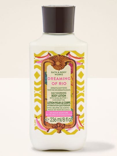 Loțiune de corp Bath & Body Works Dreaming of Rio cu etichetă tropicală vibrantă.