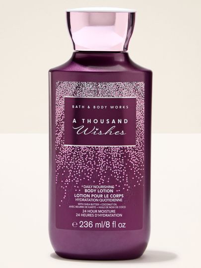 Loțiune de corp Bath & Body Works A Thousand Wishes în flacon mov cu etichetă strălucitoare