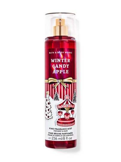 Mist parfumat pentru corp Winter Candy Apple Bath & Body Works cu motiv de carusel și brazi