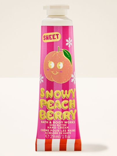 Cremă pentru mâini Snowy Peach Berry Bath & Body Works cu motiv de piersică și fulgi de zăpadă