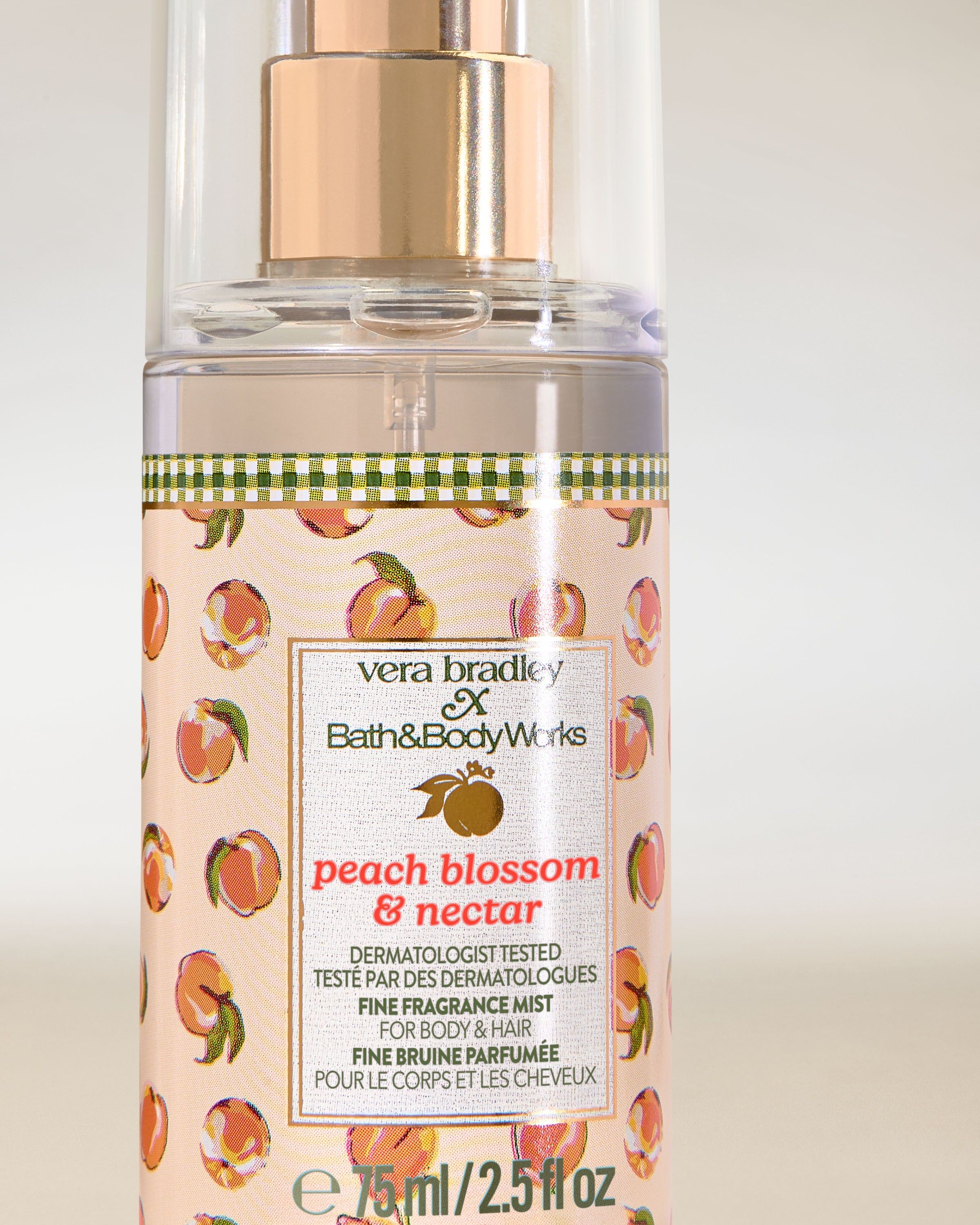 Bath & Body Works Peach Blossom & Nectar – mini ceață parfumată pentru corp și păr într-un flacon transparent.
