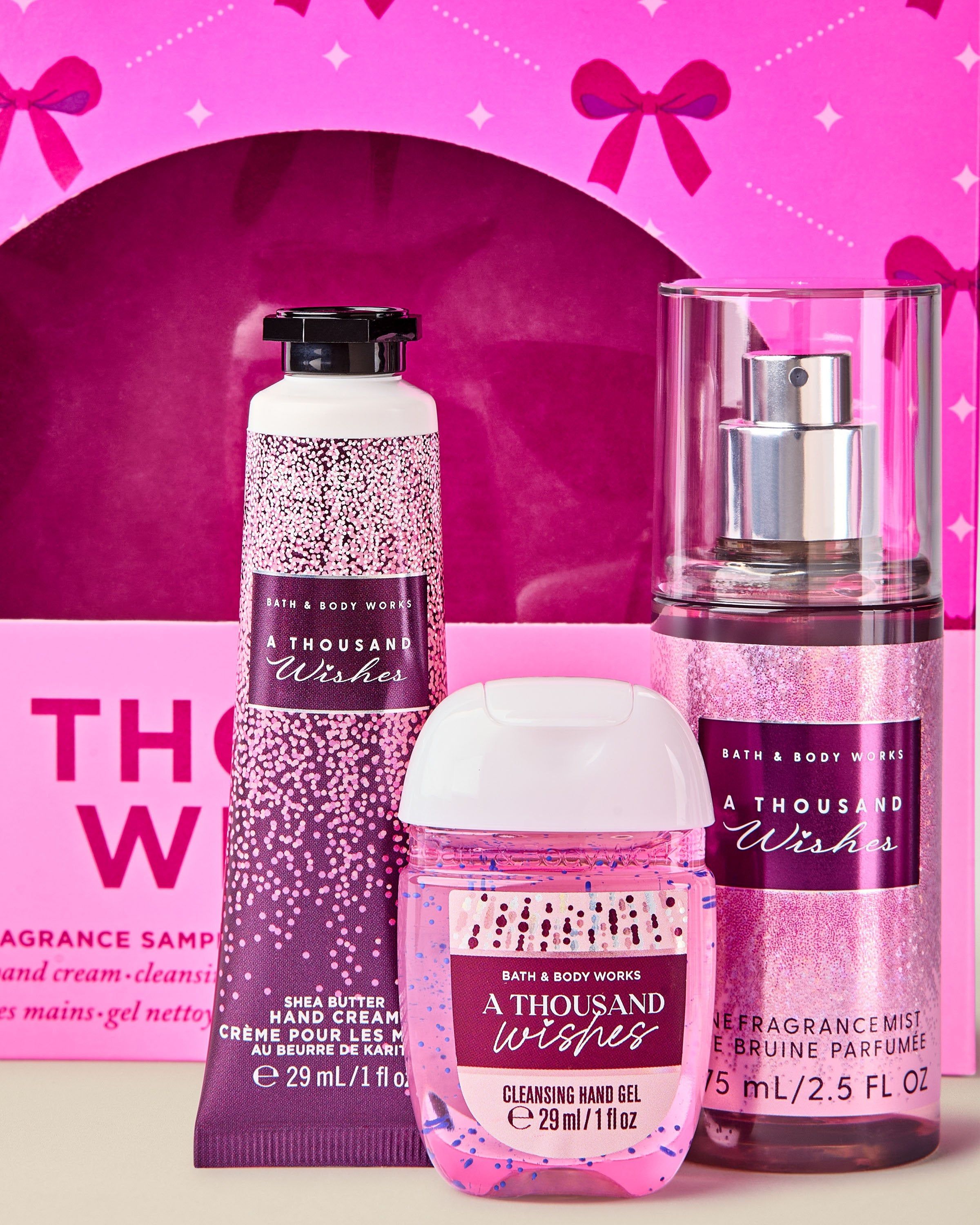 Setul A Thousand Wishes B&BW – cremă, gel și spray în nuanțe roz strălucitoare.