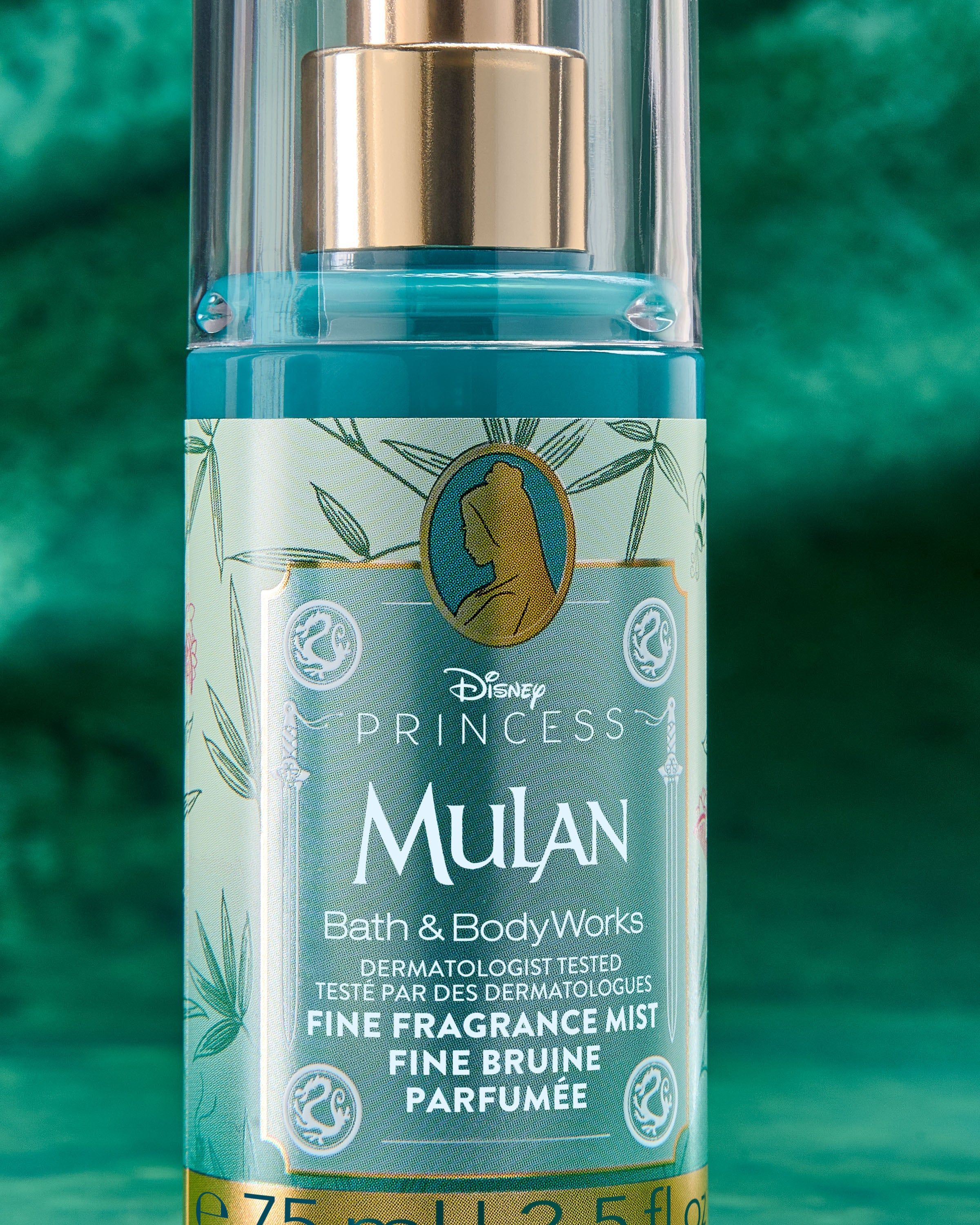 Mini spray parfumat Mulan din colecția Disney Princess de la Bath & Body Works, în flacon turcoaz strălucitor.