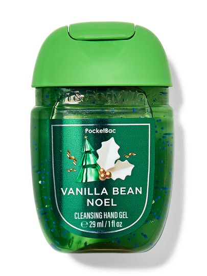 Cestovní čisticí gel na ruce s vanilkovou vůní, třpytkami a sváteční etiketou. Bath & Body Works.
