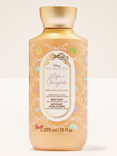 Gel de duș Life’s a Fairytale într-un recipient decorativ inspirat de tema colecției Disney Princess.