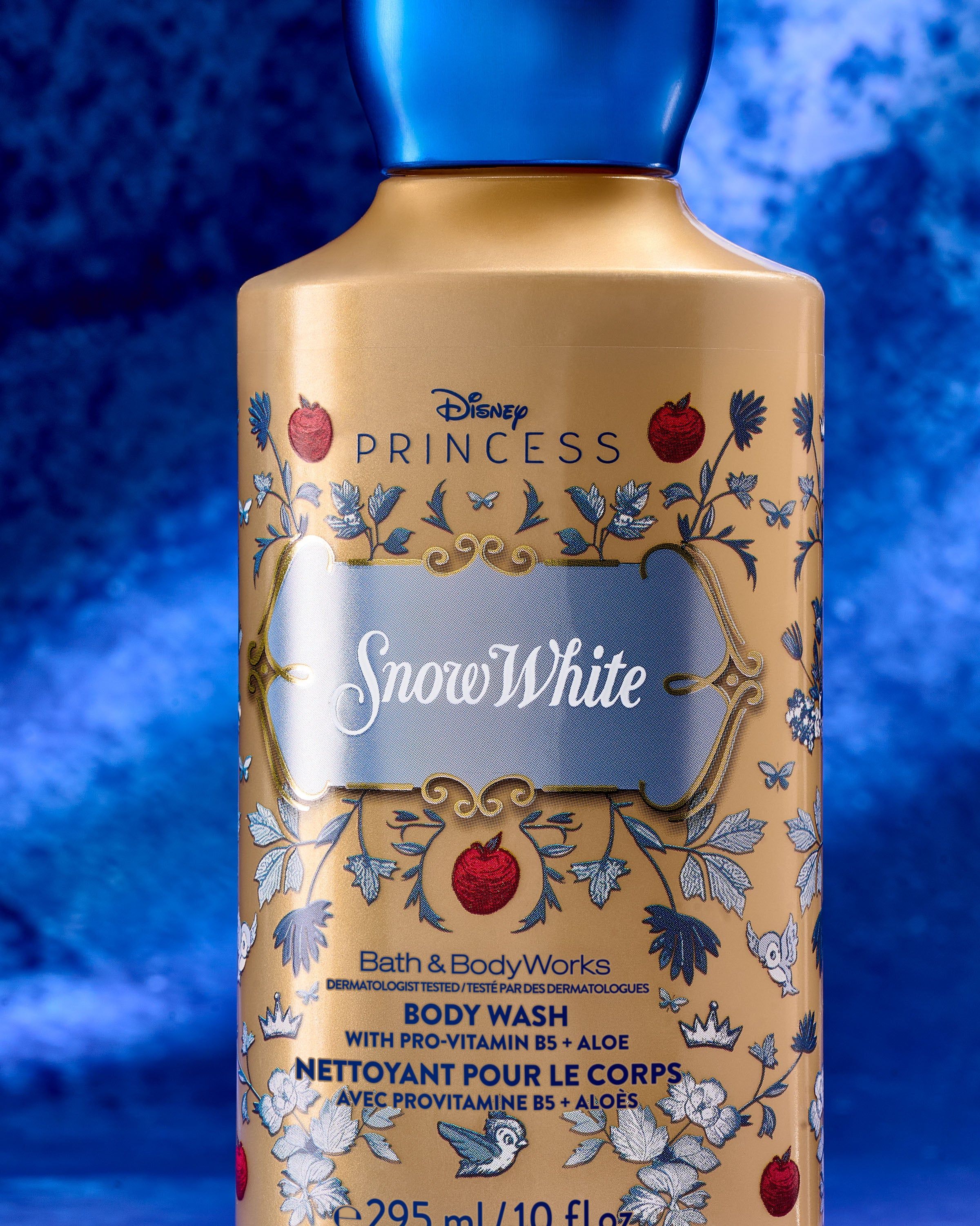 Gel de duș Snow White într-un recipient decorativ, inspirat de elementele colecției Disney Princess.