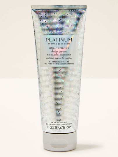 Cremă de corp Bath & Body Works Platinum Ultimate Hydration în tub holografic, 226 g.