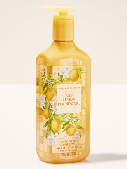 Gel pentru mâini Bath & Body Works Iced Lemon Pound Cake 236 ml, în flacon galben cu motiv de lămâi.