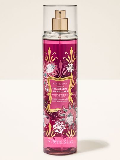 Mist parfumat pentru corp Strawberry Snowflakes Bath & Body Works cu motiv de căpșuni și fulgi de zăpadă