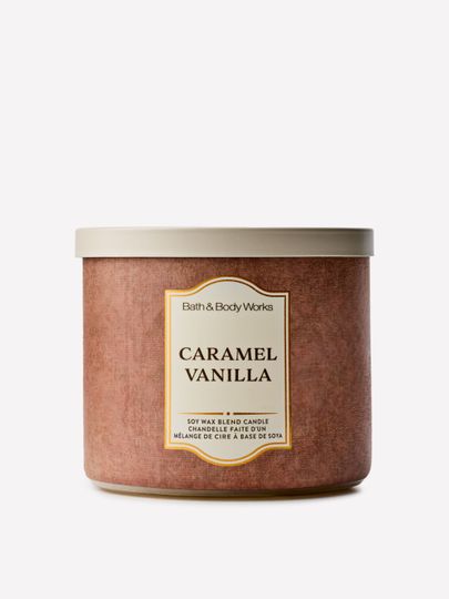 Lumânare parfumată Bath & Body Works Caramel Vanilla din amestec de ceară de soia, 3 fitiluri