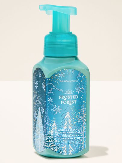 Săpun spumă Frosted Forest Bath & Body Works cu motiv de iarnă, copaci acoperiți de zăpadă și fulgi de zăpadă