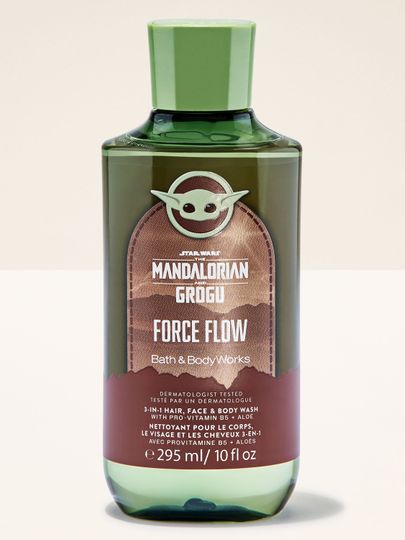 Gel de duș 3în1 Force Flow Mandalorian & Grogu într‑o sticlă verde