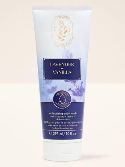 Gel de corp "Lavender + Vanilla" în tub, cu flori de lavandă pe etichetă. Bath & Body Works.