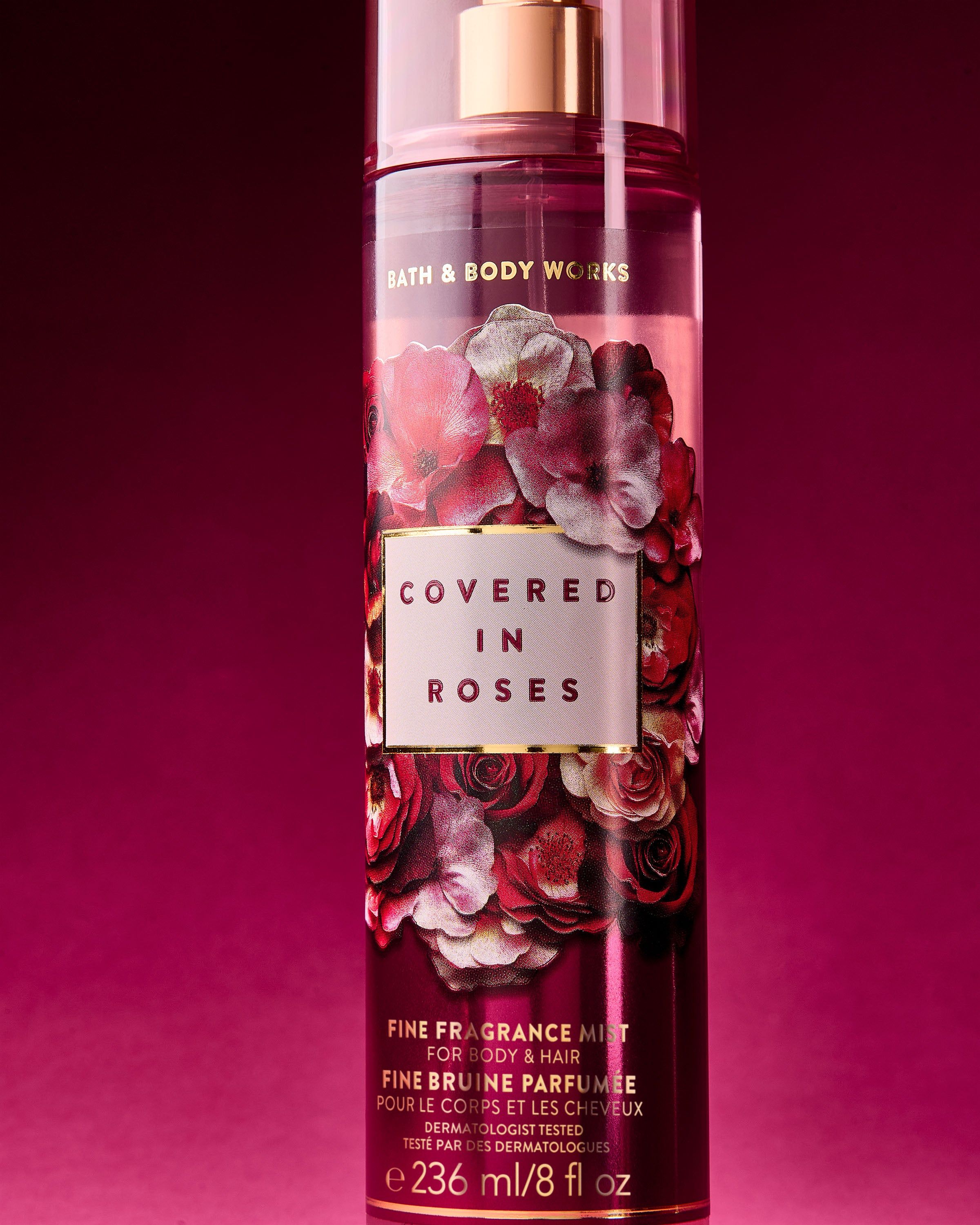 Spray Covered in Roses Bath & Body Works cu design floral și note romantice de trandafir și ambră.