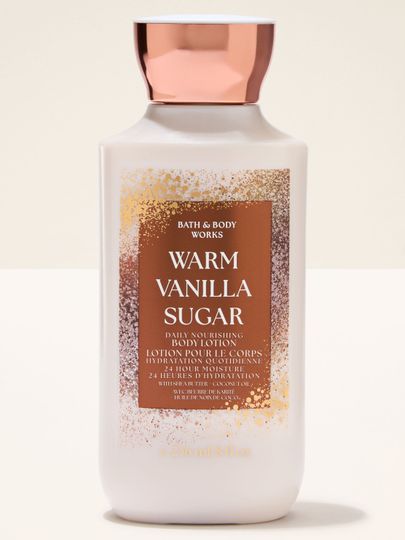 Loțiune de corp Bath & Body Works Warm Vanilla Sugar în flacon deschis cu capac arămiu