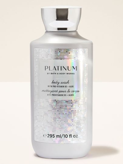 Gel de duș Platinum Bath & Body Works într‑o sticlă argintie cu etichetă strălucitoare
