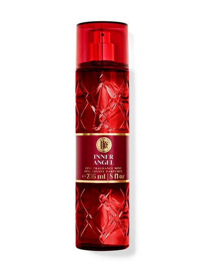 Sticlă roșie de spray parfumat Bath & Body Works Inner Angel (236 ml) cu suprafață texturată, geometrică.