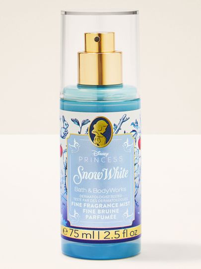 Mini spray parfumat Snow White de la Bath & Body Works, în flacon albastru strălucitor cu motive florale și mere.