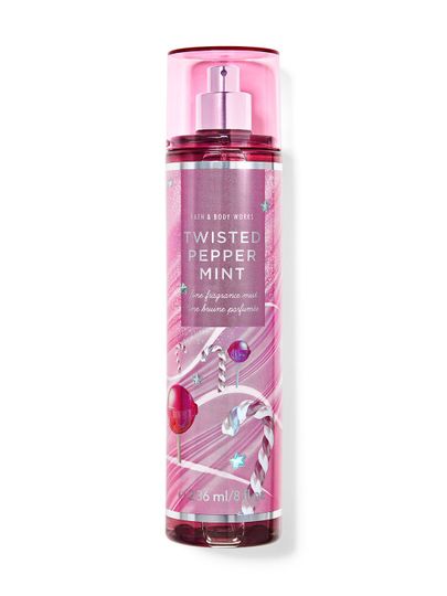 Voňavý sprej "Twisted Peppermint" se třpytkami a motivem bílých a červených cukrových tyčinek. Bath & Body Works.