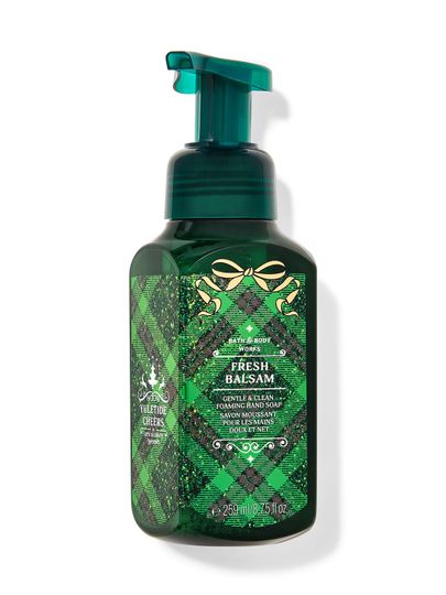 Pěnové mýdlo na ruce Fresh Balsam v zeleném obalu s kostkovaným vzorem a třpytkami. Bath&Body Works.