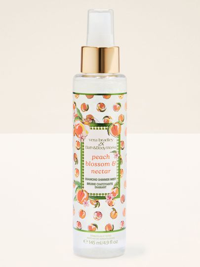 Bath & Body Works Peach Blossom & Nectar – ceață parfumată Diamond Shimmer într-un flacon transparent cu pulverizator auriu.