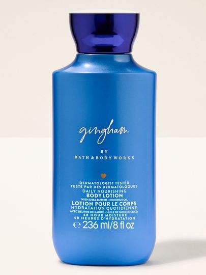 Loțiune de corp Bath & Body Works Gingham 236 ml, în flacon albastru cu design minimalist.