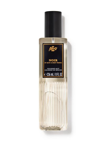 Spray de corp Bath&Body Works Noir. Sticlă transparentă cu atomizor negru, etichetă cu inscripții de culoare aurie.