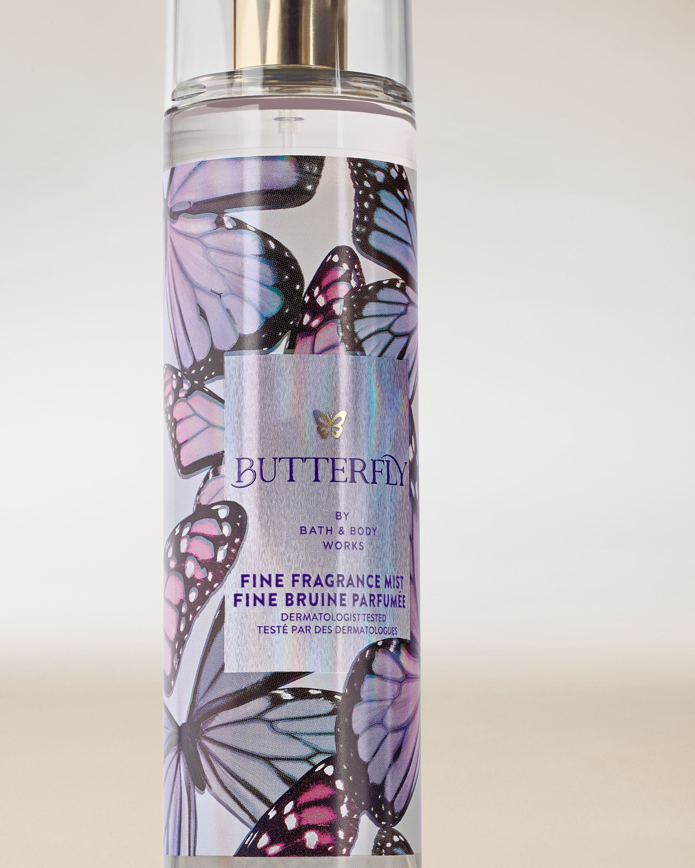 Spray parfumat Bath & Body Works Butterfly în flacon transparent cu model de fluturi