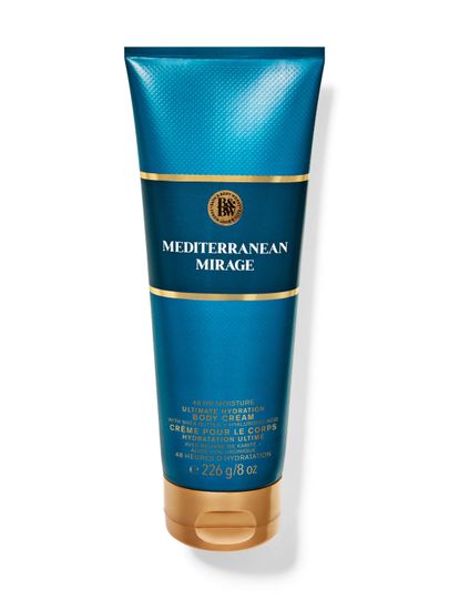 Tub de cremă de corp Bath & Body Works Mediterranean Mirage (226 g) în nuanțe de albastru intens și auriu.