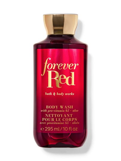 Gel de duș Bath & Body Works Forever Red 295 ml, în flacon bordo cu capac auriu.