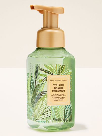 Waikiki Beach Coconut – săpun spumant verde, transparent, cu pompă aurie și etichetă tropicală cu frunze de palmier.